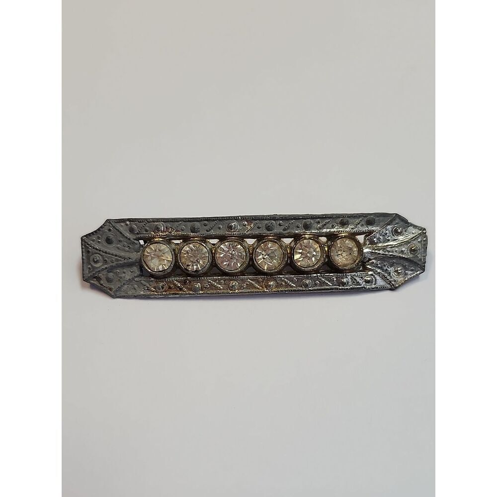 Antique Art Nouveau 6 Round Paste Stones Brooch C Clasp Pewter Pot Metal